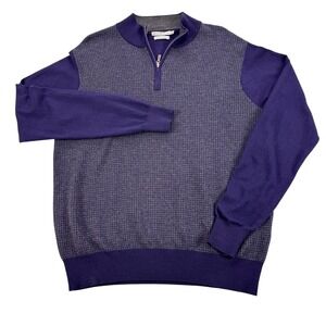Peter Millar Sweater Mens Large Purple Merino Wool Cotton 1/4 Zip Check Knit